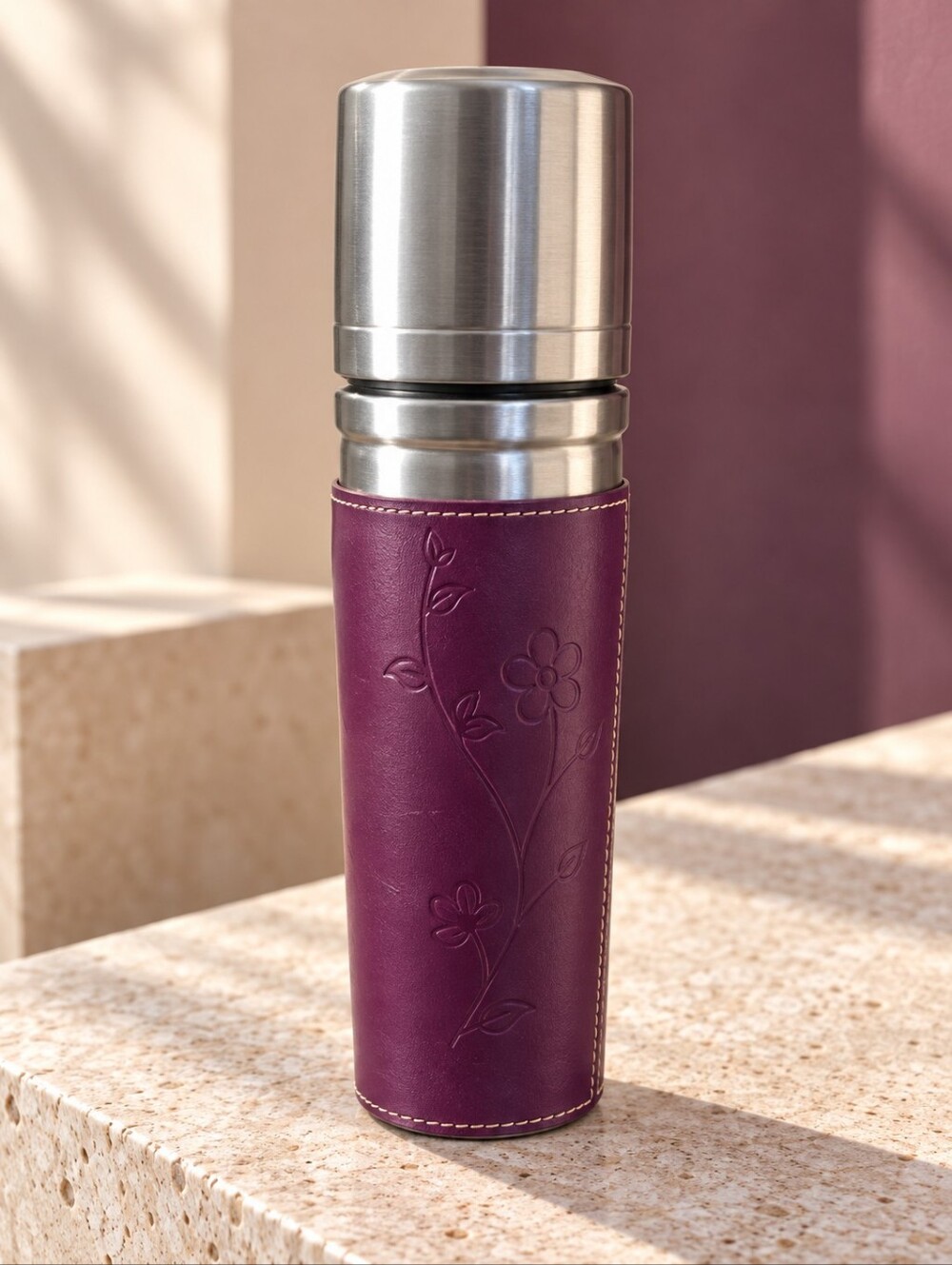 2004 Starbucks Purple Leather Floral Stainless Steel Thermos 12 Oz Vintage
